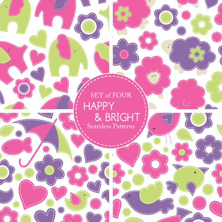 Set of vector seamless pattern with animals decorated by flowers and hearts. Cartoon childish pattern in bright fresh colors on a white background. Hand-sewn style with white seamsのイラスト素材