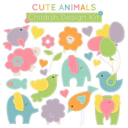 Set of colorful animals (baby birds, cute elephants, little lambs etc.) - design elements for babies (children's wear, decoration). Stylized applique with white seams. Vector illustration.のイラスト素材