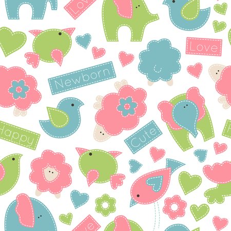 Vector seamless pattern with baby birds, elephants and little lambs decorated by flowers, hearts and inscriptions. Childish animals in soft colors on a white background. Hand-sewn style (white seams)のイラスト素材