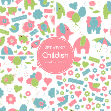 Set of childish vector seamless pattern with birds, lambs and elephants decorated by flowers, hearts, baloons, umbrellas and inscriptions. Soft pastel colors, hand sewing style with white seamsのイラスト素材
