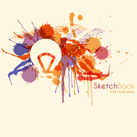 Abstract background with colorful ink stains and a light bulb (idea symbol) on a off-white background. Sketchbook for your ideas. Saturated purple hues balanced by red and orange.のイラスト素材