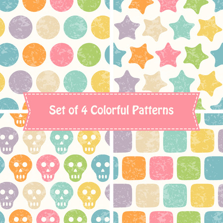 Set of abstract seamless patterns with bright colorful stars, squares, dots and skulls on a white background. Lovely childish backdrop for wrapping, packaging, textile and interior decorationのイラスト素材