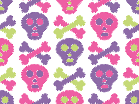 Halloween seamless pattern with colorful skulls and crossbones on a white background. Original cutout design - stylized applique with white seams. Comic background for childish design.のイラスト素材