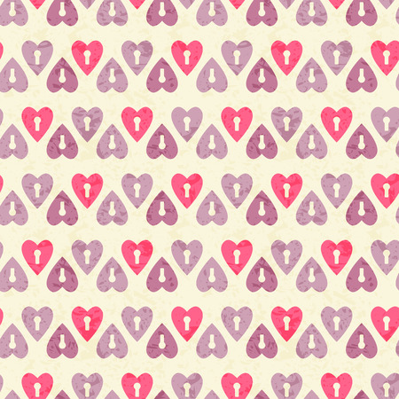Vector seamless pattern with heyhole hearts. Romantic color palette (bright pink balanced by purple on a off-white background). Minimalistic design and grunge textureのイラスト素材