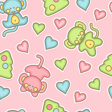Vector seamless pattern with baby monkeys, christmas trees and hearts. Cute kawaii new year pattern with pastel color palette perfect for babies and newbornsのイラスト素材