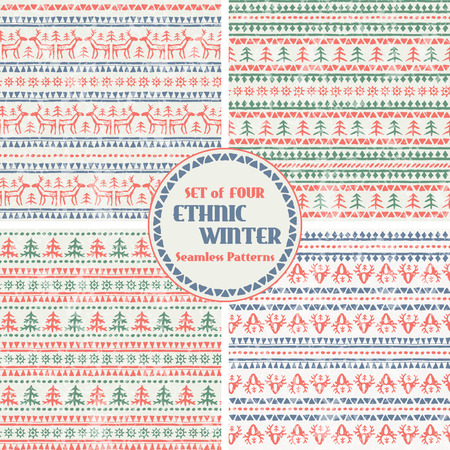 Set of Christmas seamless patterns with stylized reindeer and Christmas trees. Primitive ethnic (tribal) style with hand drawn geometric ornament. Blue, green and red palette with a grunge textureのイラスト素材