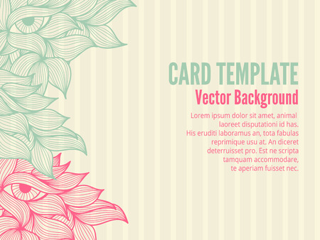 Vector card template (wedding, greeting etc.) with wavy ornament (leaves and eyes) and a sample text. Romantic color palette (bright pink balanced by turquoise on a off-white background).のイラスト素材