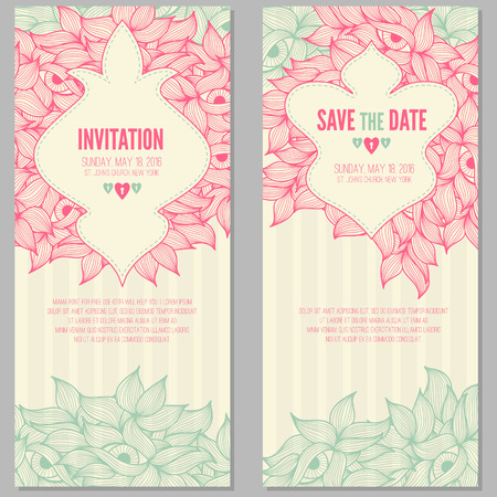 Set of vertical card templates (invitation, save the date) with wavy ornament and a sample text. Romantic color palette (bright pink balanced by turquoise on a off-white background).のイラスト素材