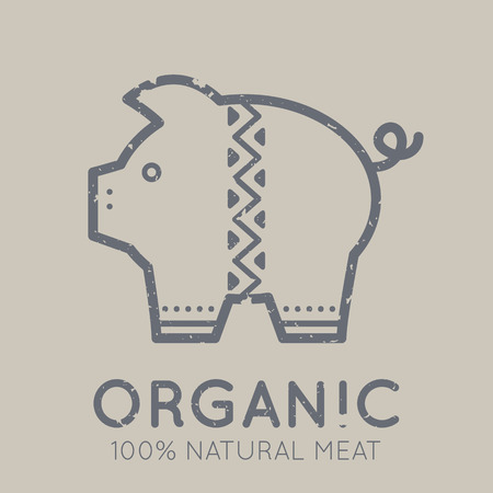 Nutritional emblem with pork meat in flat linear ethnic style on a tan background. 100 percent  natural organic meat. Grunge textureのイラスト素材