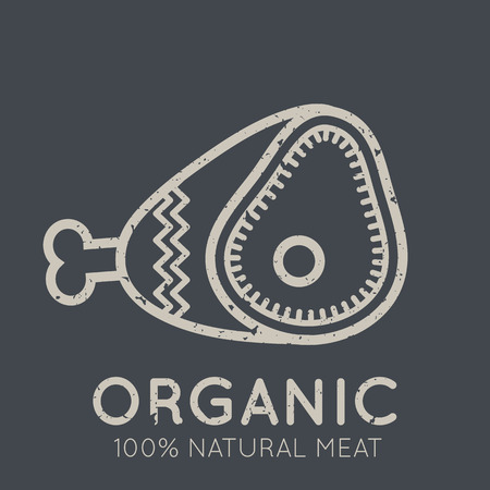 Nutritional emblem with meat symbol (shank of a cow) in flat linear ethnic style on a tan background. 100 percent  natural organic meat. Grunge textureのイラスト素材