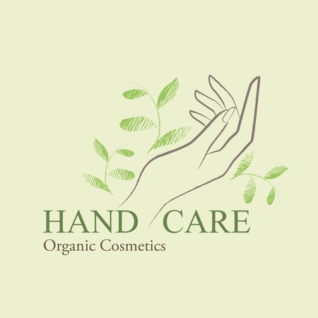 Organic Cosmetics Design elements with contoured womans hand and hand drawn green leavesのイラスト素材