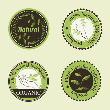 Organic Cosmetics Design Set with contoured female body parts (foot, hand) and hand drawn green leaves. Badges for healthy and natural body care productsのイラスト素材