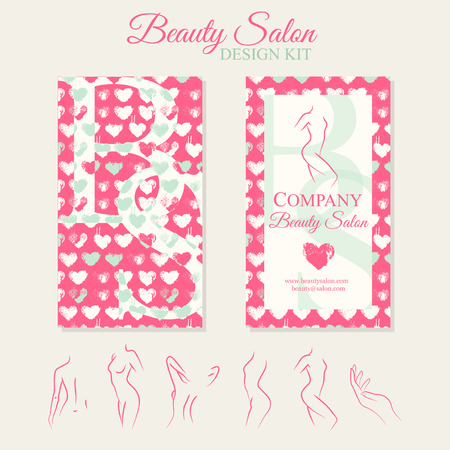 Beauty Salon Design Kit with contoured woman silhouette and hand drawn heart pattern. Vector design template for invitation card, advertising, letter, banner, flye. A colorful two-sided leafletのイラスト素材