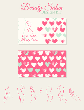 Beauty Salon Design Kit with contoured woman silhouette and hand drawn heart pattern. Vector design template for invitation card, advertising, letter, banner, flye. A colorful two-sided leafletのイラスト素材