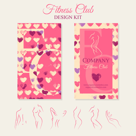 Fitness Club Design Kit with contoured woman silhouette and hand drawn heart pattern. Vector design template for invitation card, advertising, letter, banner, flyer. A colorful two-sided leafletのイラスト素材