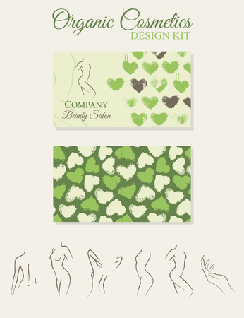 Organic Cosmetics Design Kit with contoured woman silhouette and hand drawn heart pattern. Vector design template for invitation card, advertising, letter, banner, flyer. A colorful two-sided leafletのイラスト素材