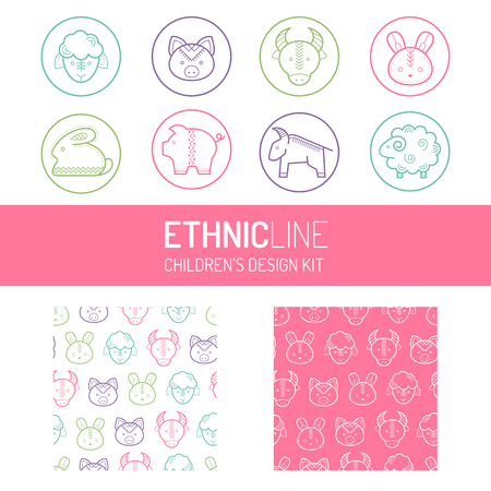Children's design kit with round badges (farm animals icons) and seamless patterns. Happy and fresh color palette. Fashionable linear styleのイラスト素材
