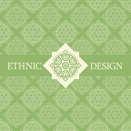 Vector seamless pattern with ethnic regular ornament (archaic circular symbol). Stylish ethnic design with rose-shaped decoration. Bright color palette (green and off-white)のイラスト素材