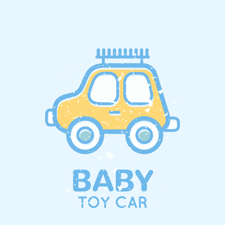 Babyish emblem with a toy car (educational toy). Pastel color palette (blue, yellow). Flat minimalistic image with grunge texture (texture is easy to remove)のイラスト素材