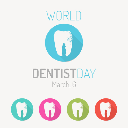 World Dental Day - vector Design set. Colorful tooth icon with the shadow. Flat design style and hand drawn grungy styleのイラスト素材