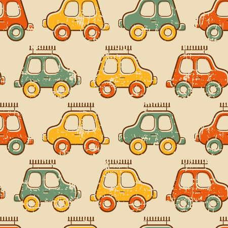 Seamless baby pattern with colorful toy cars. Warm vintage color palette and grunge texture - cute pattern for boysのイラスト素材
