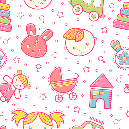 Seamless baby pattern with colorful babyish elements (toys, boys and girls). Happy bright color paletteのイラスト素材