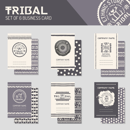 Ethnic style business template collection. Tribal business cards, flyers, banners with logo templates, endless borders and patterned backsides. Monochrome. Hand drawn layouts for natural productsのイラスト素材