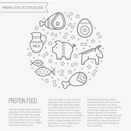 Vector illustration with outlined protein food signs forming a circle. Black and white color palette. Cute design layout for businessのイラスト素材