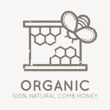 Beekeeping emblem with a honey bee on a honey comb in flat linear style on a white background. 100 percent  natural organic comb honey. Grunge texture easy to removeのイラスト素材