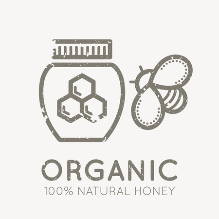 Beekeeping emblem with honey bee and jar of honey in flat linear style on a white background. 100 percent  natural organic honey. Grunge texture easy to removeのイラスト素材