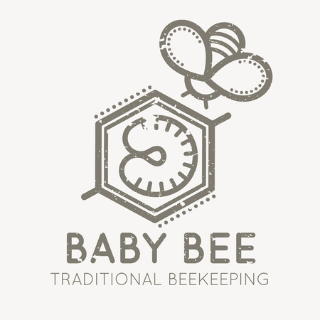 Cute and creative emblem with larval bee (baby bee) for traditional beekeeping. Flat linear style sign on a white background. Grunge texture easy to removeのイラスト素材