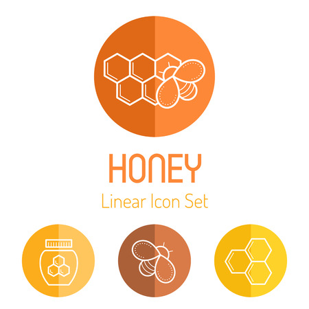 Beekeeping icon set with honey bee, honey cells and jar of honey. Outlined round badges on a white background. Bright and warm color palette with tints of yellow and brownのイラスト素材