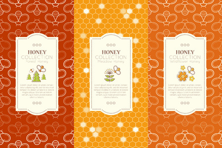 Vector packaging template with seamless patterns. Natural honey collection (types of honey - forest honey, meadow honey, wildflower honey). Warm color palette of golden tintsのイラスト素材