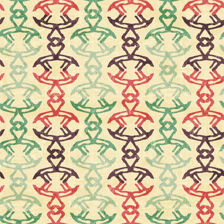Tribal seamless pattern with archaic geometric ornament. Primitive ethnic style with abstract endless borders. Vintage color palette with a grunge textureのイラスト素材