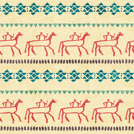 Tribal seamless pattern with stylized riders and archaic geometric ornament. Primitive ethnic style with hand drawn endless borders. Vintage (blue and red) color paletteのイラスト素材