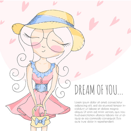 Cute little girl in big round shape eyeglasses dreaming with closed eyes. Romantic vector illustration, Pastel color paletteのイラスト素材