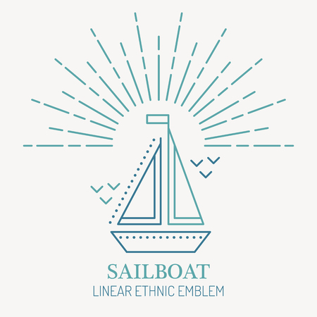 Line style nautical emblem - sailboat illustration. Minimalistic outlined icon. Seafaring and voyaging designのイラスト素材