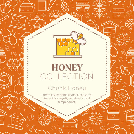 Vector packaging template with seamless patterns. Natural honey collection (sorts of honey - chunk honey). Warm color palette of golden tintsのイラスト素材
