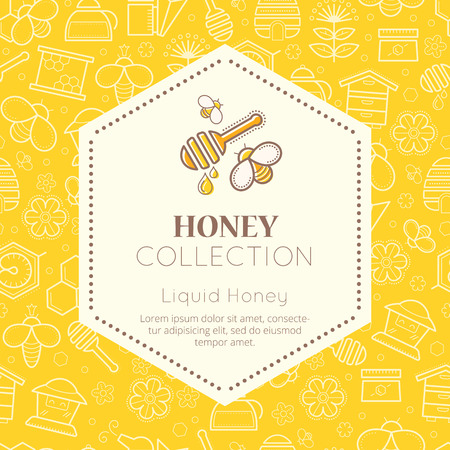 Vector packaging template with seamless patterns. Natural honey collection (sorts of honey - liquid honey). Warm color palette of golden tintsのイラスト素材