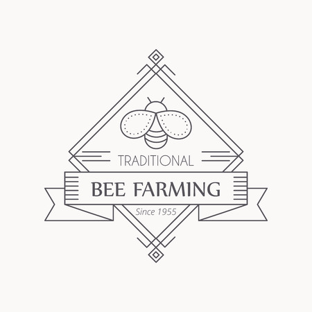 Vector honey label. Thin line design - beekeeping emblem with honey bee. Traditional bee farming. Monochrome, isolatedのイラスト素材