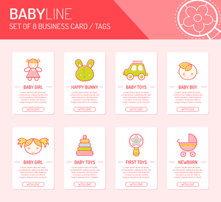 Set of universal cards for kids with cute childish illustrations (children and toys). Collection of templates for journaling cards, business cards, tags etc, Brighn and happy color paletteのイラスト素材