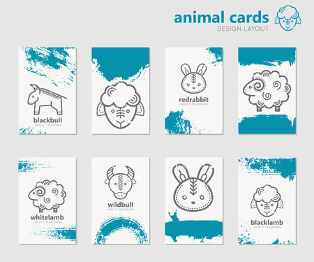 Set of universal cards with linear farm animals and artistic splashes and blots. Collection of templates for journaling cards, business cards, tags etcのイラスト素材