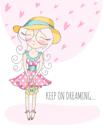 Cute little girl in big round shape eyeglasses dreaming with closed eyes. Romantic vector illustration. Pastel color paletteのイラスト素材