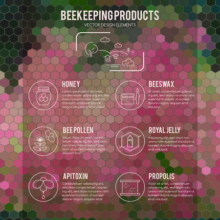 Vector icon set with beekeeping products (honey, beeswax, bee pollen, royal jelly, apitoxin, propolis). Thin line style. White design elements on a bright seamless patternのイラスト素材