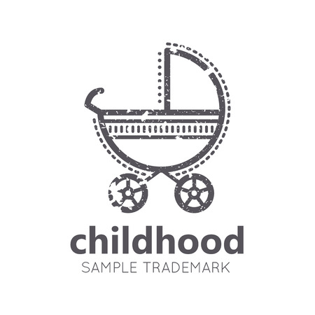 Babyish icon with Baby Stroller in flat linear style. Monochrome, isolated. Grunge textureのイラスト素材