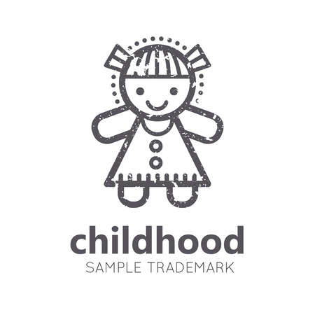Babyish icon with little girl (doll) in flat linear style. Monochrome, isolated. Grunge textureのイラスト素材