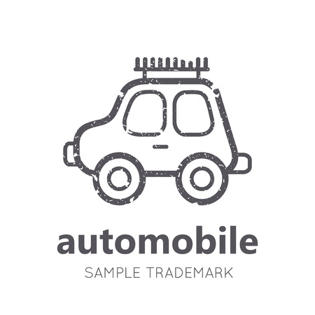 Babyish icon with toy car in flat linear style. Monochrome, isolated. Grunge textureのイラスト素材