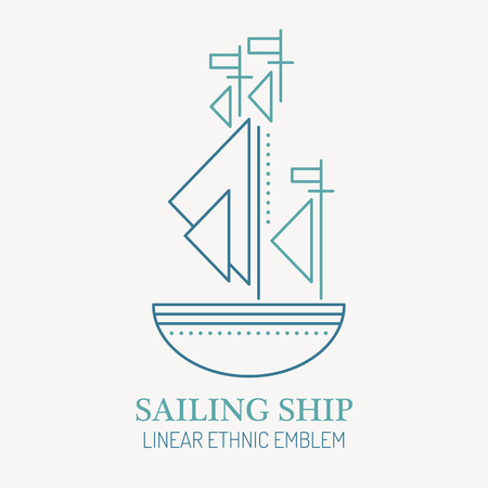Line style nautical emblem - sailing ship illustration. Minimalistic outlined icon of ship navigation. Seafaring and voyaging design.のイラスト素材