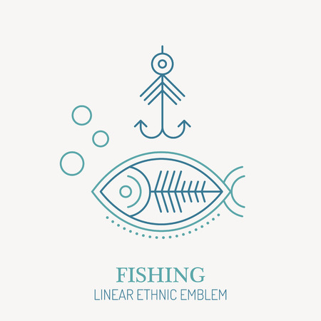 Line style nautical emblem - fish and fishing hook. Minimalistic outlined icon. Fishing designのイラスト素材