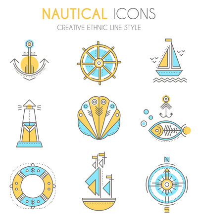 Nautical icon set. Collection of creative line style design elements. Minimalistic flat design with thin strokesのイラスト素材